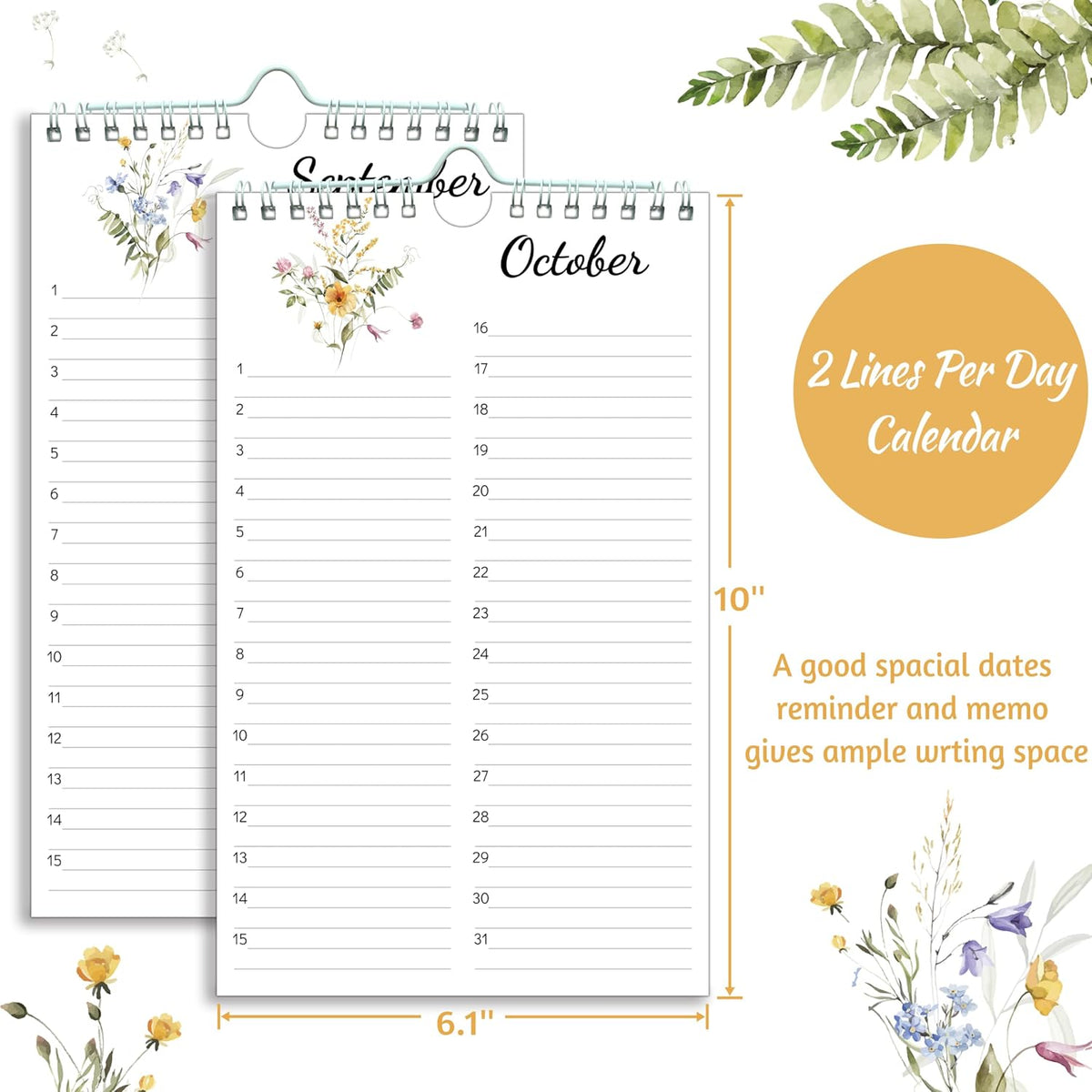 Perpetual Calendar – Undated Calendar 12-Month for Birthday, Anniversaries, Important Days, Festivals Reminder, 6'' x 10'' with 2 Lines Per Days, Twin-wire Binding, Thicker Paper, Minimalist Flowers