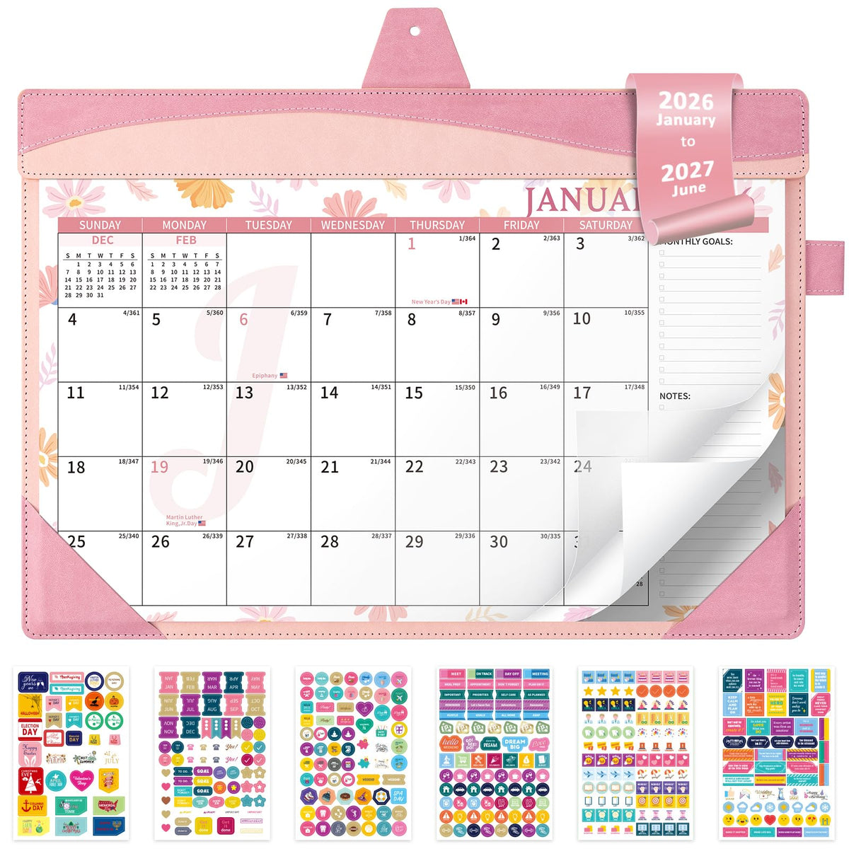 Ospelelf Desk Calendar 2026-2027 with Storage Pocket Protective Cover Large 12"x17" Leather Monthly Wall Planner Pad 18 Months January 2026 - June 2027 Pink