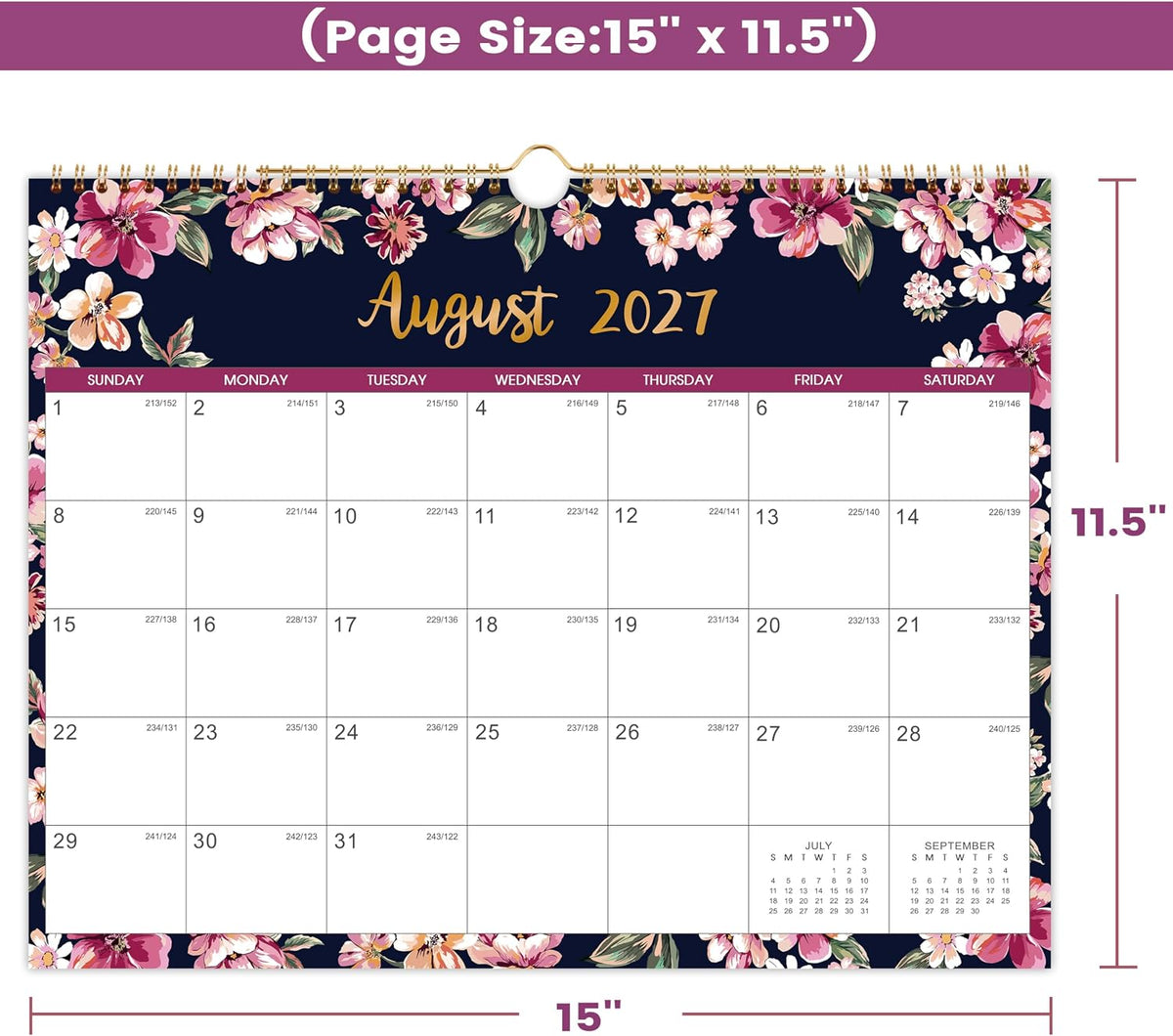2027 Calendar - 2027 Wall Calendar, Jan. 2027 - Dec. 2027, 12-Month Calendar, 15" x 11.5", Twin-Wire Binding + Hanging Hook + Thick Paper + Unruled Blocks with Julian Dates - Floral