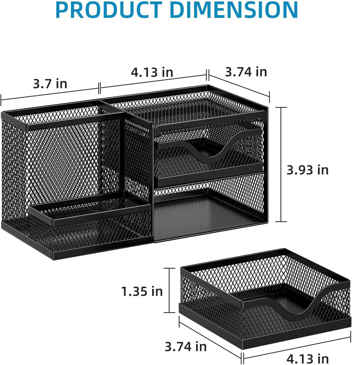 Marbrasse Mesh Pen Holder with 2 Drawers, Multi-Functional Pencil Organizer for Desk, Desk Organizers and Accessories with 3 Compartments + 2 Drawers for Office Art Supplies (Black)