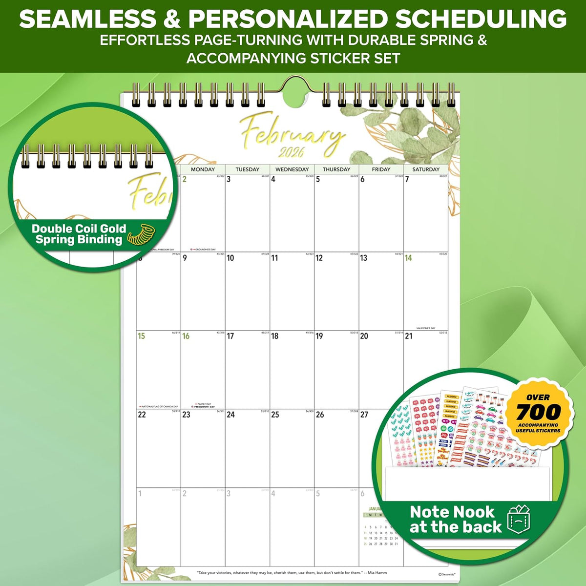 Decorably 18 Months Gold-Foiled Greenery Academic Hanging 2025 Calendar Wall July 2025 to Dec 2026, 10x14.5in Spring-Bound Office Wall Calendar with Stickers & Inspirational Quotes, Work and Home