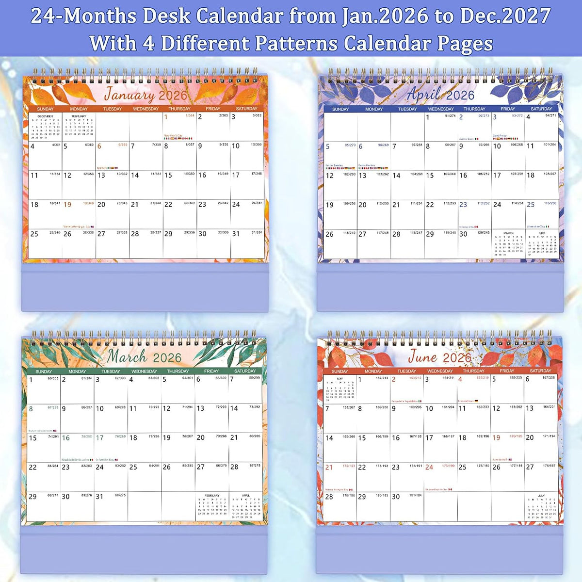 ZEEYUAN Desk Calendar 2026-2027 [Full 2-Years] Small Monthly Desktop Standing Up Flip Calendar 24-Month (Jan.2026- Dec.2027) Cute Office Desk Calendars with Planner for Work Home, 10x8.3inch/ Purple