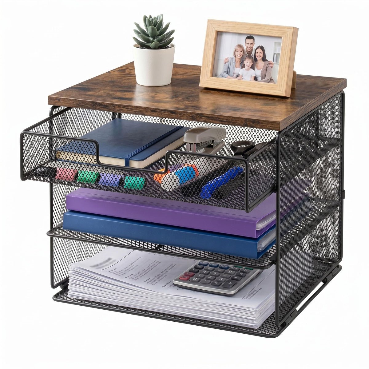 4-Tier Mesh Desk Organizer and Accessories with Drawer Wooden Top Desktop Organizers Letter Tray Paper Organizer File Holder for Home Office School White