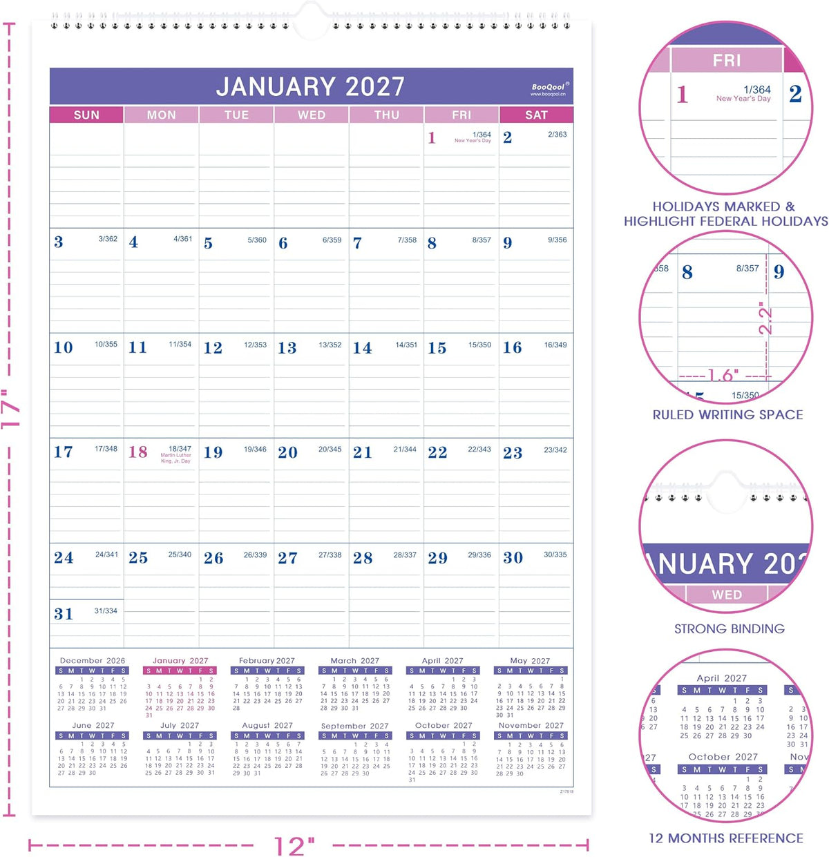 2027 Wall Calendar, Jan 2027 - Dec 2027, 12 Months Wall Calendar