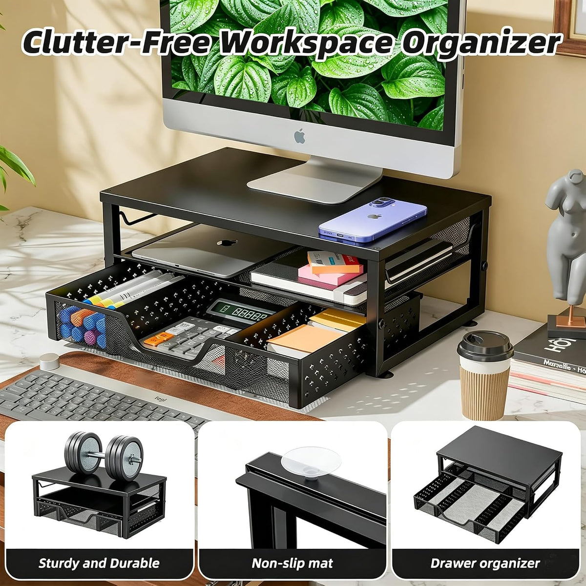 Simple Trending Desk Organizer and Accessories, Monitor Stand Riser, Black