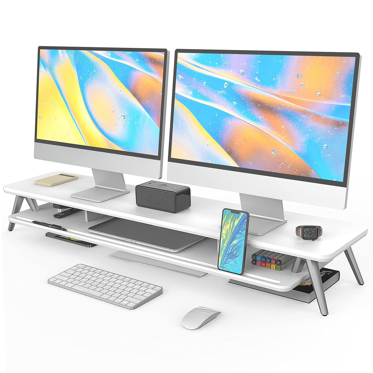 Fenge Dual Monitor Stand Riser, Wooden Desk Shelf with 2-Tier Storage