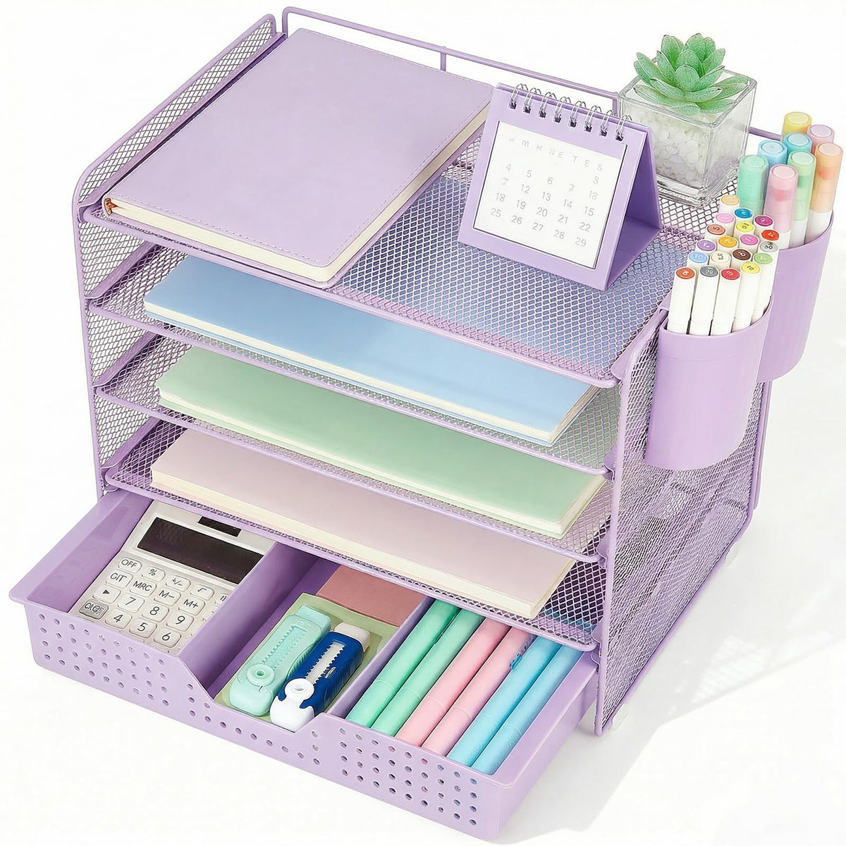 LEKETREE Wood Desk Organizer, 2-Tier Computer Monitor Stand Riser with Storage Drawer and 2 Pen Holders, Laptop & Printer Stand, Shelf for Top of Desk (Wood)