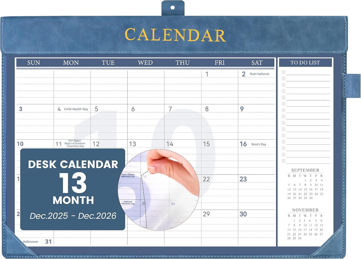Yoment Desk Calendar 2026 Leather Desk Calendar with to-Do Lists, 13 Months Desk Pad Wall Calendar with Pen Holders PVC Cover for Work Office School Home Women Men, Jan2026-Dec 2026, 17 x 12, Blue