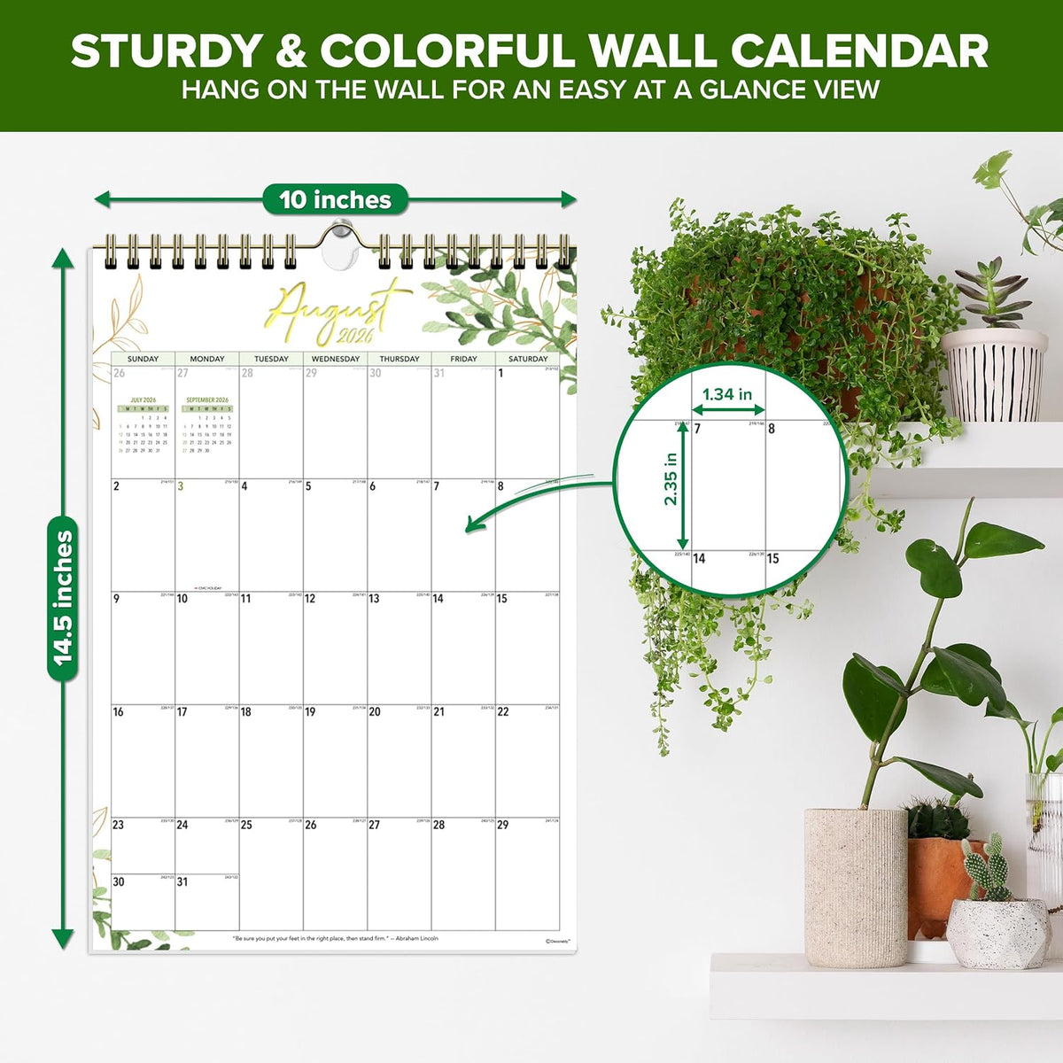 Decorably 18 Months Gold-Foiled Greenery Academic Hanging 2025 Calendar Wall July 2025 to Dec 2026, 10x14.5in Spring-Bound Office Wall Calendar with Stickers & Inspirational Quotes, Work and Home