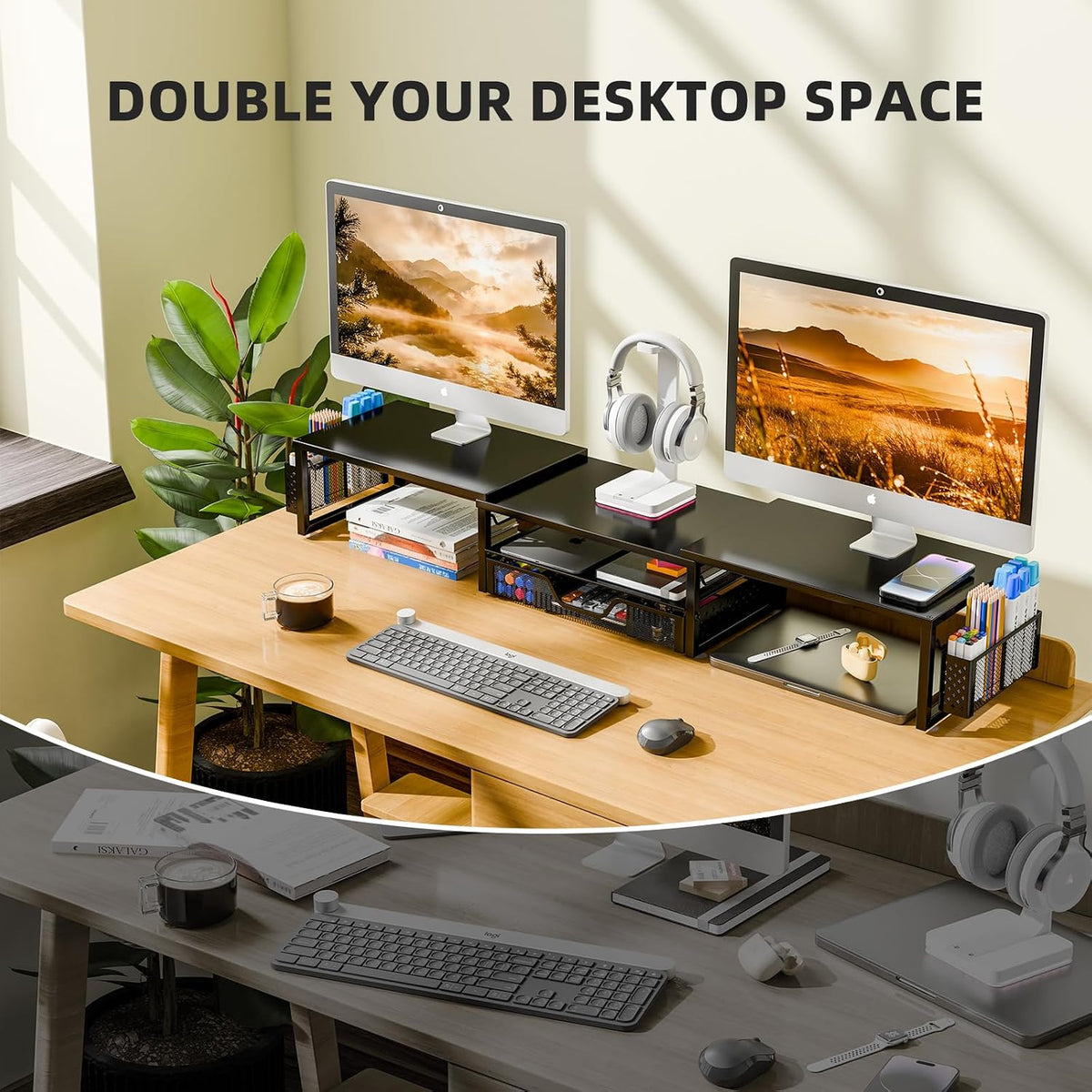 Simple Trending Dual Monitor Stand with Drawer and 2 Pen Holders, Black