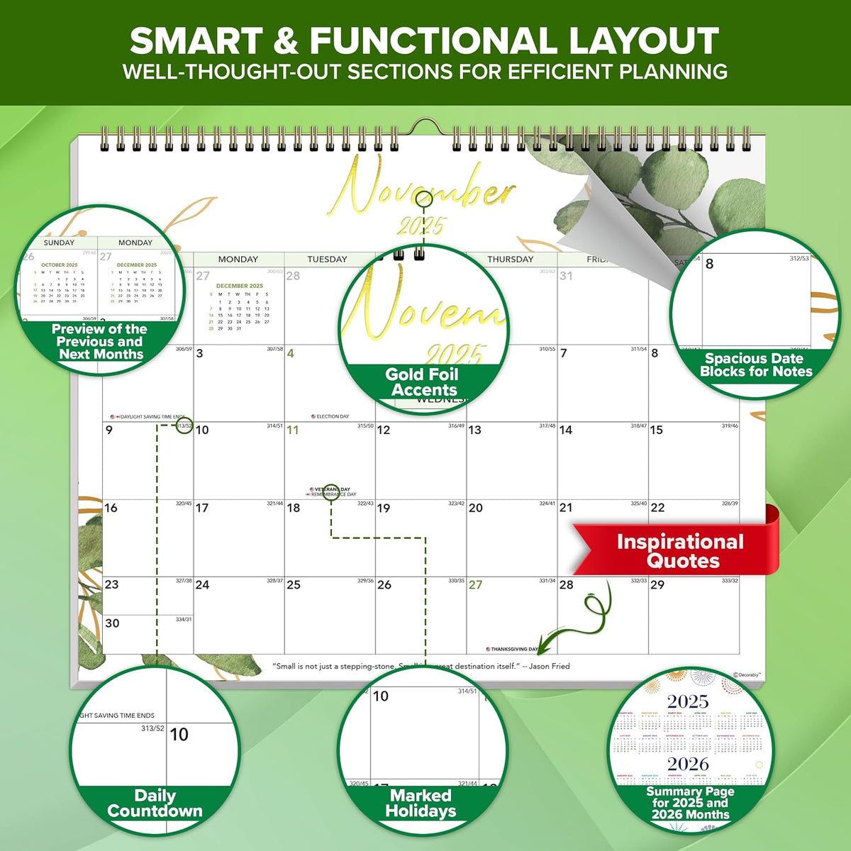 Decorably 18 Months Gold-Foiled Greenery Academic 18 Month 2025 Calendar Wall July 2025 to Dec 2026, 14.5x11.5in Spring-Bound Green Wall Calendar with Inspirational Quotes for Office and Home Planning