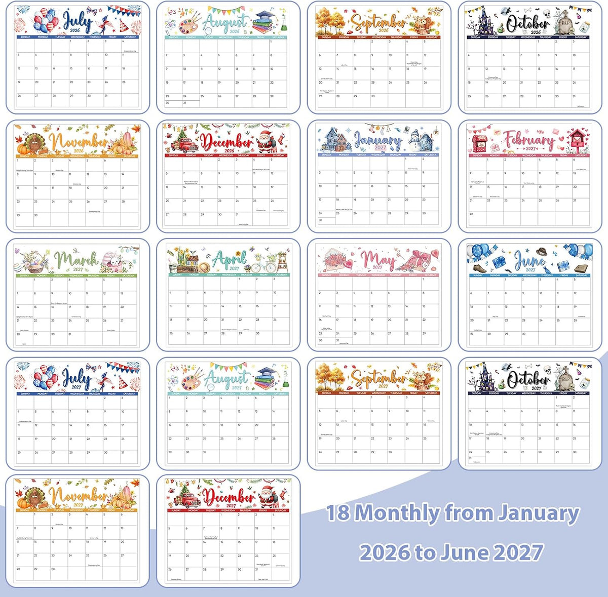 2026-2027 Mini Desk Calendar with Stickers, 8" x 6" 18 Months Festival Watercolor