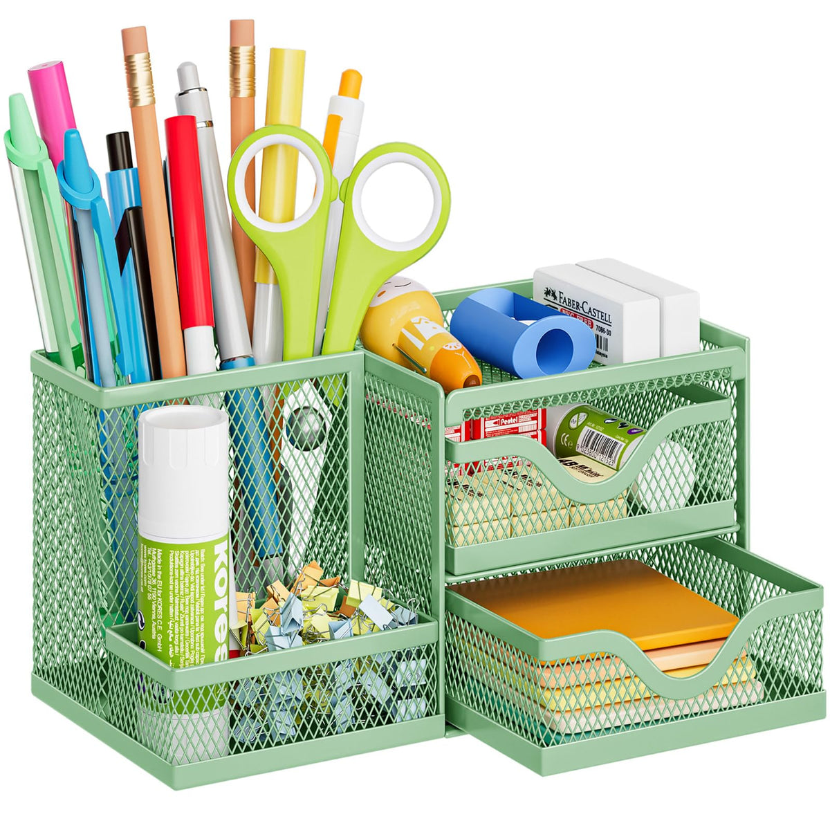 Marbrasse Mesh Pen Holder with 2 Drawers, Multi-Functional Pencil Organizer for Desk, Desk Organizers and Accessories with 3 Compartments + 2 Drawers for Office Art Supplies (Black)