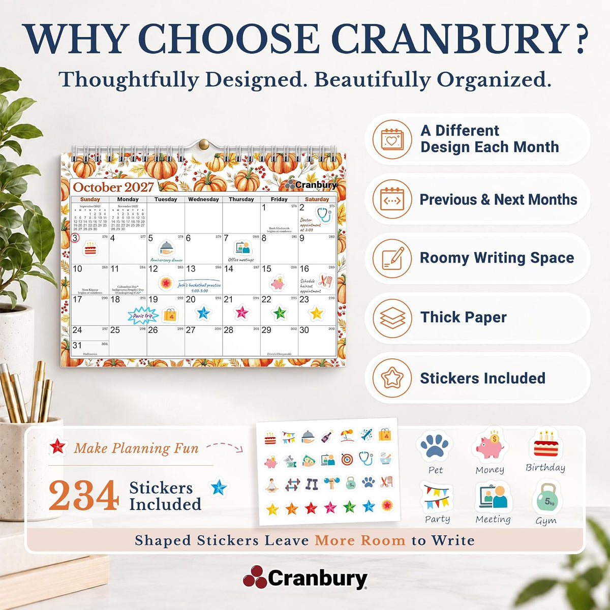 CRANBURY 2026-2027 Wall Calendar 8x6, 16-Month Mini Hanging Planner