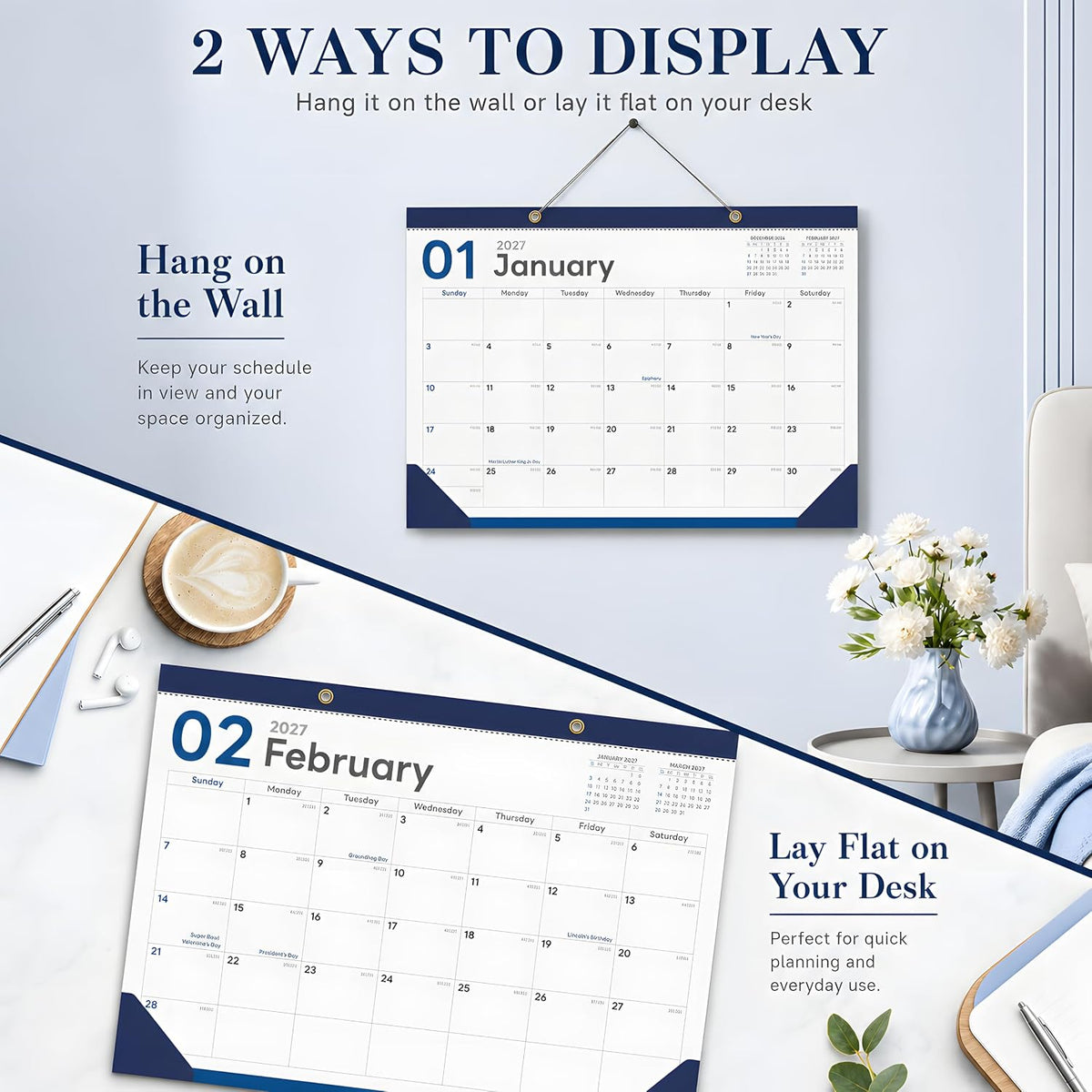 Desk Calendar 2026-2027, 18 Months, Jul 2026-Dec 2027, 17x12 Inch, Navy
