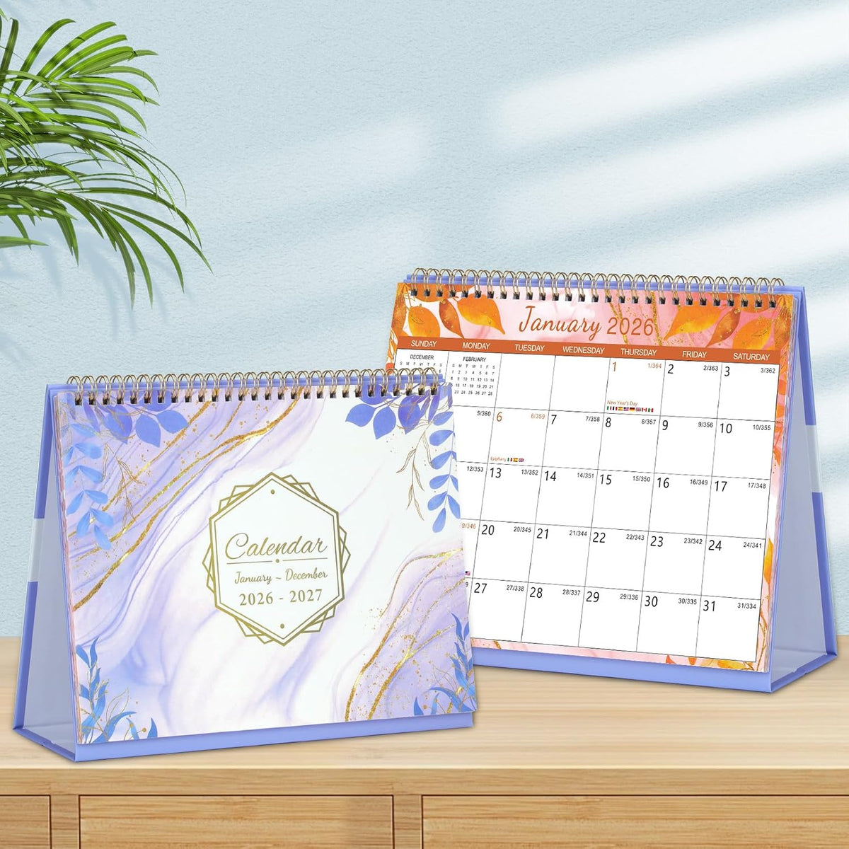 ZEEYUAN Desk Calendar 2026-2027 [Full 2-Years] Small Monthly Desktop Standing Up Flip Calendar 24-Month (Jan.2026- Dec.2027) Cute Office Desk Calendars with Planner for Work Home, 10x8.3inch/ Purple