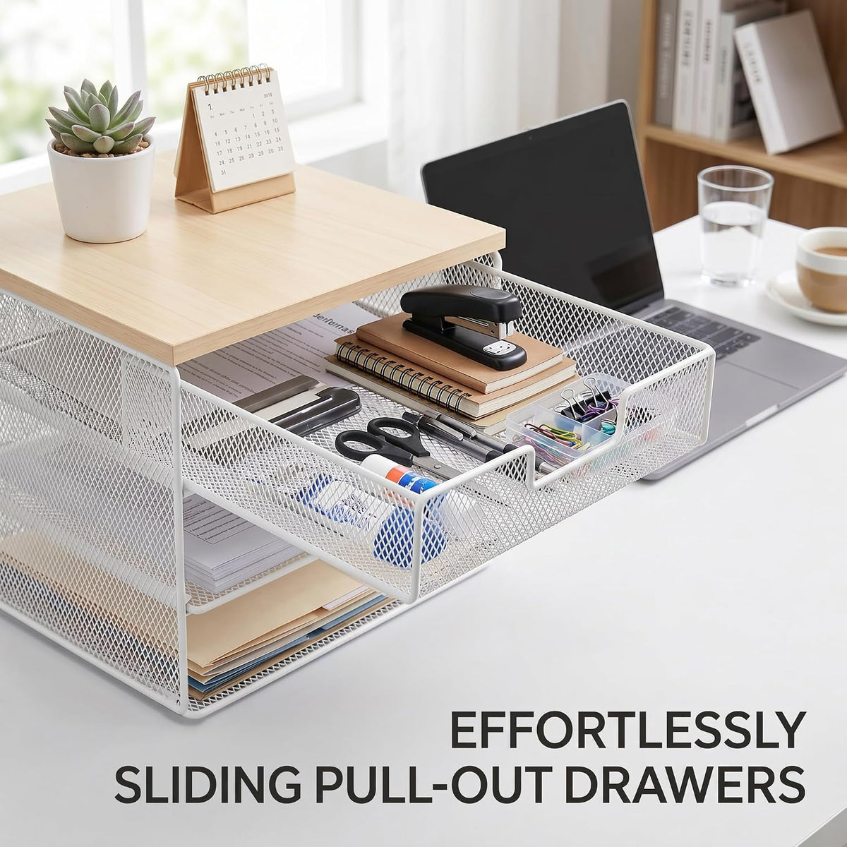 4-Tier Mesh Desk Organizer and Accessories with Drawer Wooden Top Desktop Organizers Letter Tray Paper Organizer File Holder for Home Office School White