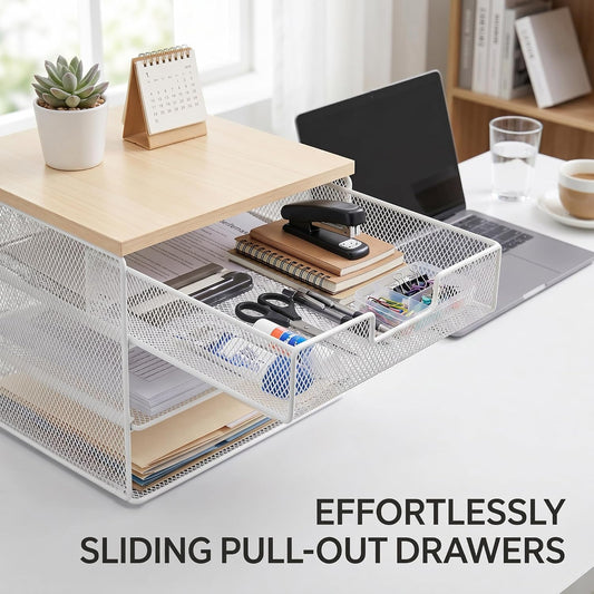 4-Tier Mesh Desk Organizer and Accessories with Drawer Wooden Top Desktop Organizers Letter Tray Paper Organizer File Holder for Home Office School White