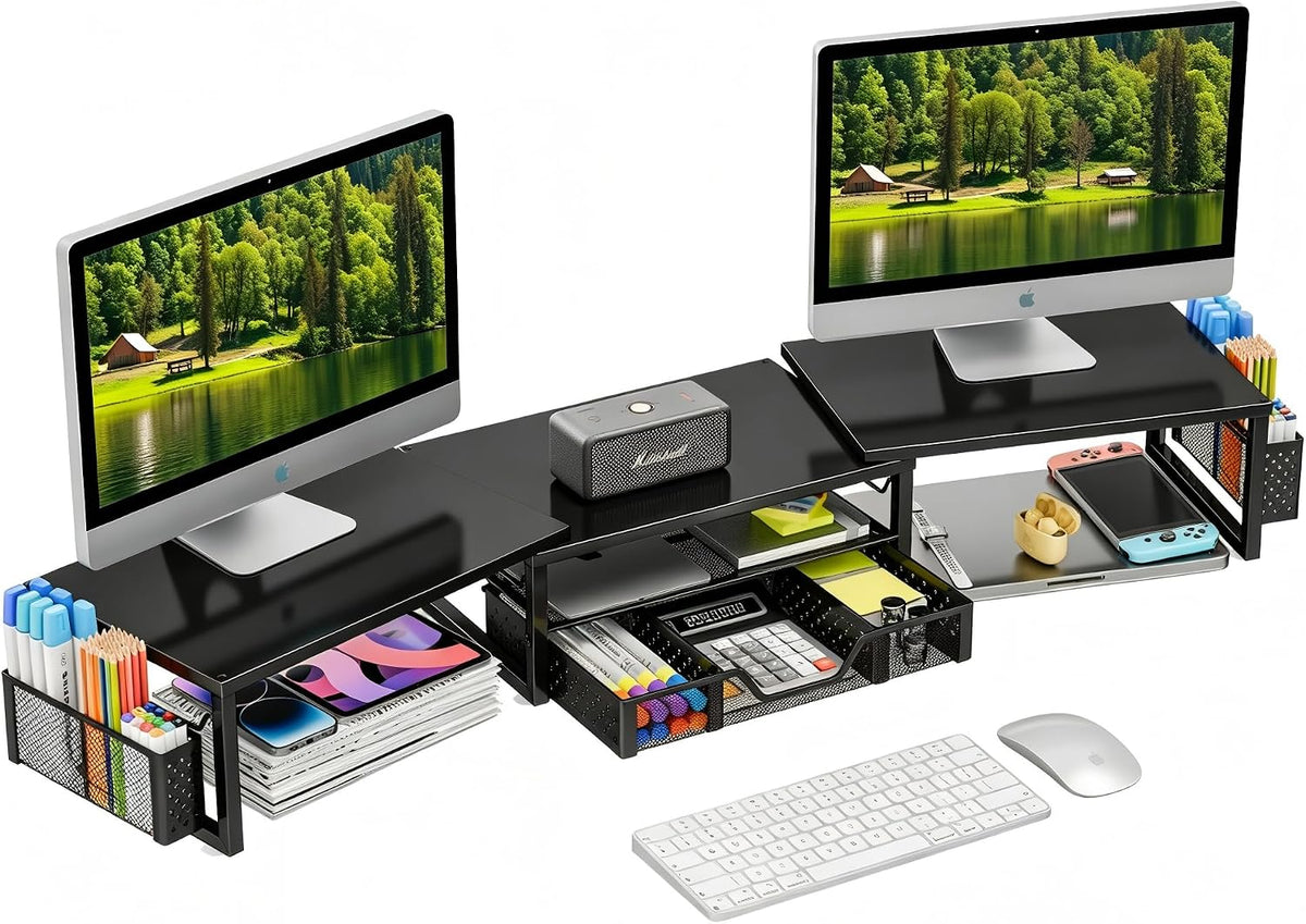 Simple Trending Dual Monitor Stand with Drawer and 2 Pen Holders, Black