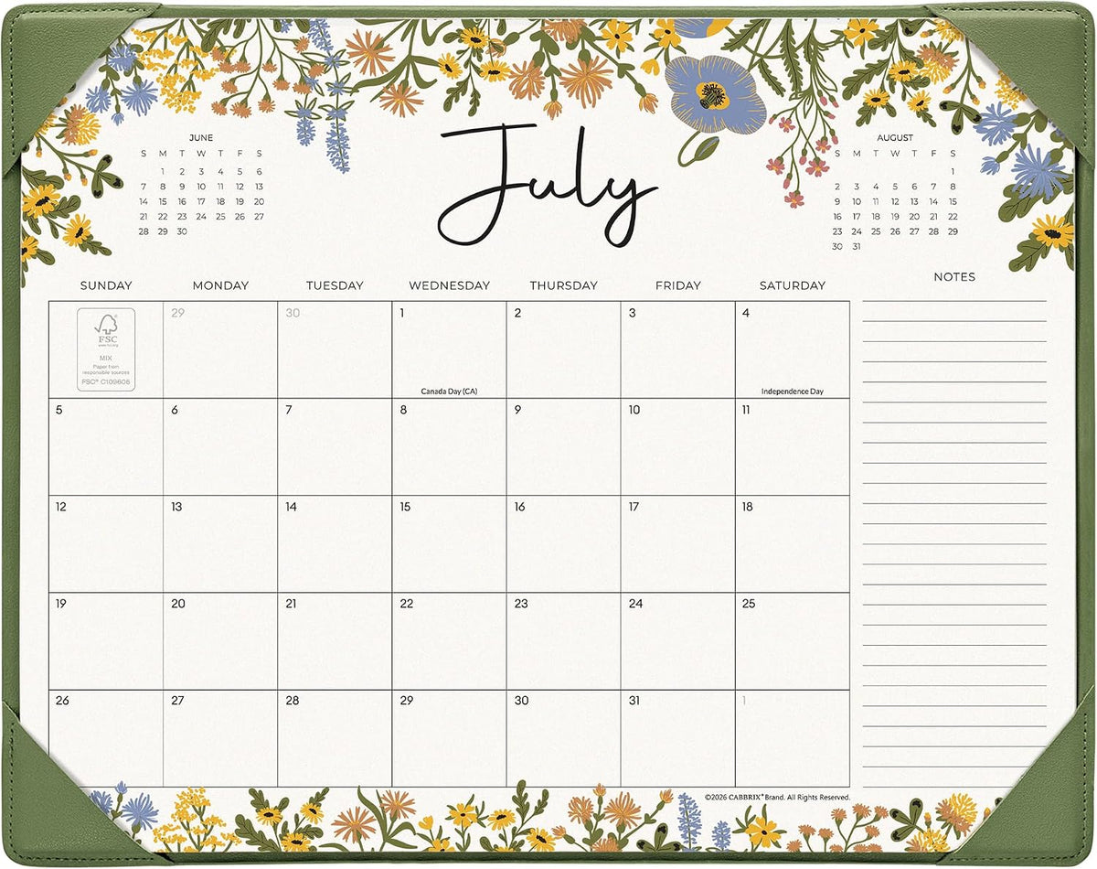 Desk Calendar 2026 with Desktop Mat, Cabbrix Desk Pad Calendar 15 x 12 Inch Runs From July 2026 to December 2027, Floral Design Calendar 2026 for Home School and Office (Green)