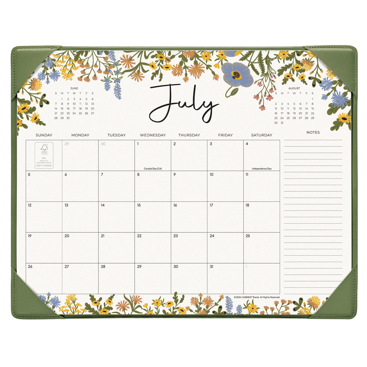 Desk Calendar 2026 with Desktop Mat, Cabbrix Desk Pad Calendar 15 x 12 Inch Runs From July 2026 to December 2027, Floral Design Calendar 2026 for Home School and Office (Green)