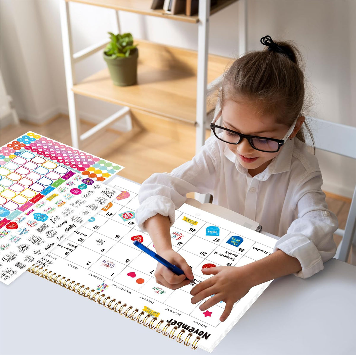 Blank Scrapbook Wall Calendar, Spiral-Bound Hanging Monthly Calendar, DIY Blank Calender with 400 Stickers for Office, Home, Kids, Adults (12” x 9” closed，18” x 12” open size)