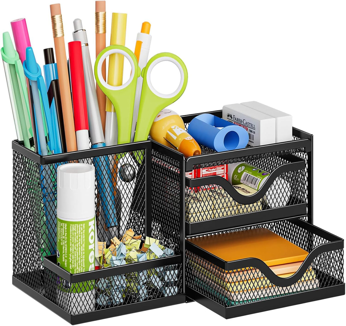 Marbrasse Mesh Pen Holder with 2 Drawers, Multi-Functional Pencil Organizer for Desk, Desk Organizers and Accessories with 3 Compartments + 2 Drawers for Office Art Supplies (Black)