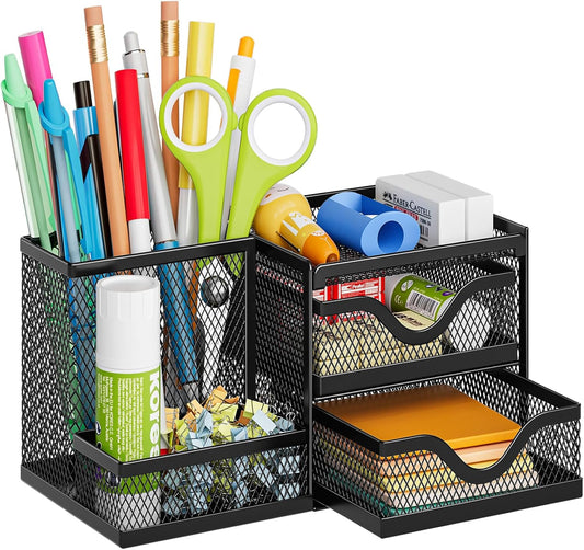 Marbrasse Mesh Pen Holder with 2 Drawers, Multi-Functional Pencil Organizer for Desk, Desk Organizers and Accessories with 3 Compartments + 2 Drawers for Office Art Supplies (Black)