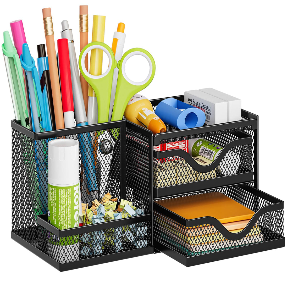 Marbrasse Mesh Pen Holder with 2 Drawers, Multi-Functional Pencil Organizer for Desk, Desk Organizers and Accessories with 3 Compartments + 2 Drawers for Office Art Supplies (Black)