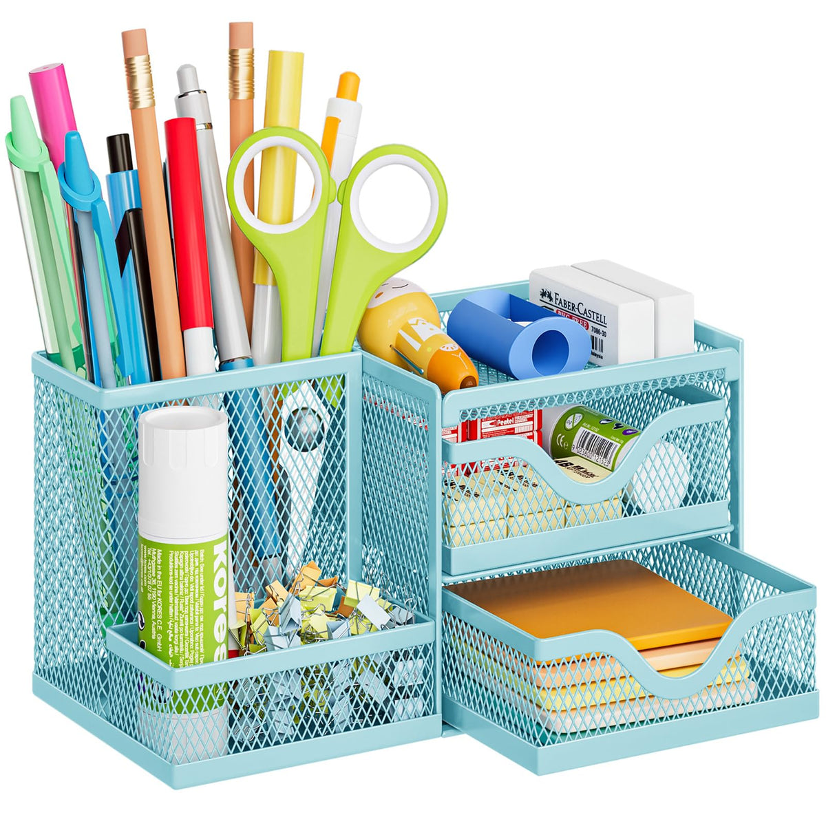Marbrasse Mesh Pen Holder with 2 Drawers, Multi-Functional Pencil Organizer for Desk, Desk Organizers and Accessories with 3 Compartments + 2 Drawers for Office Art Supplies (Black)