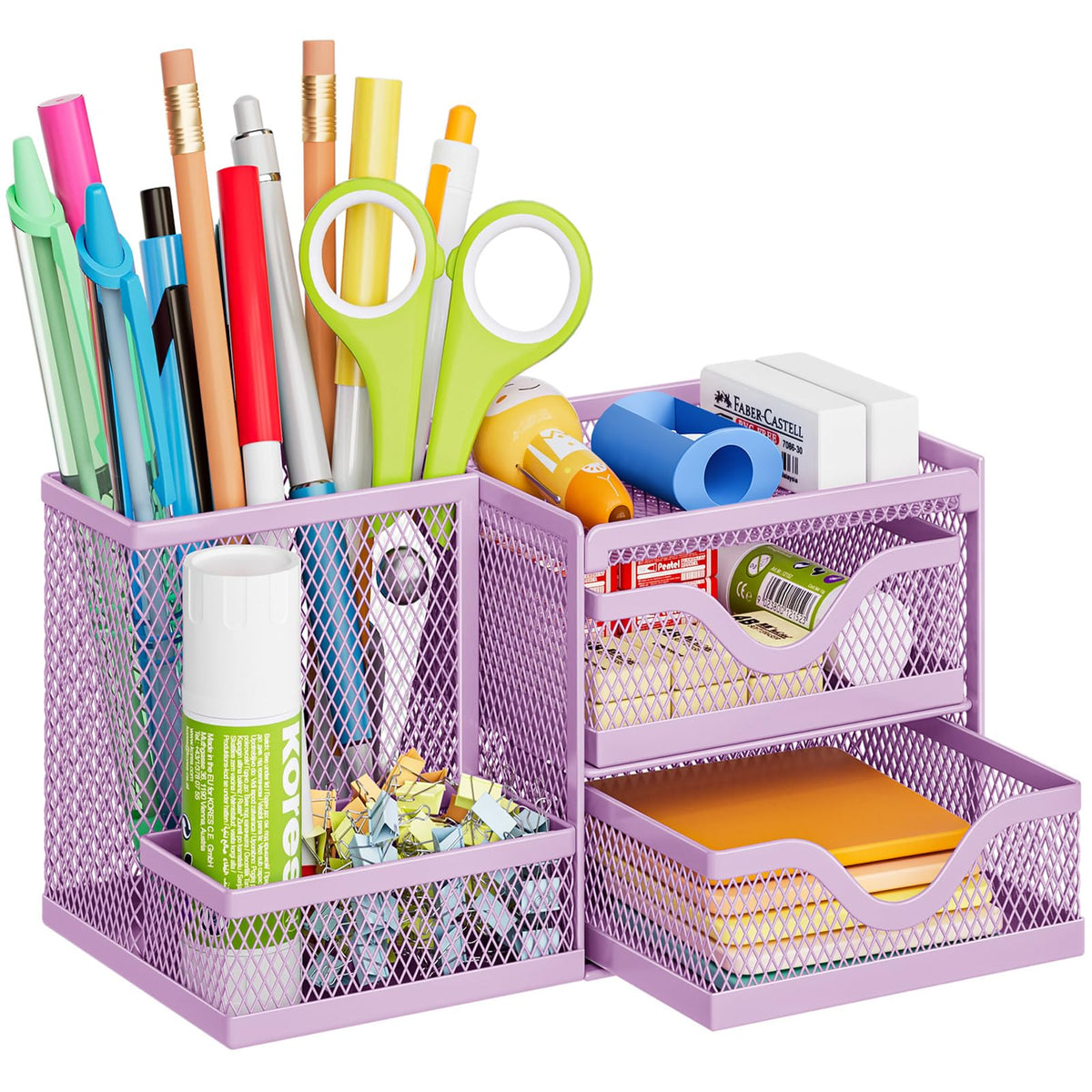 Marbrasse Mesh Pen Holder with 2 Drawers, Multi-Functional Pencil Organizer for Desk, Desk Organizers and Accessories with 3 Compartments + 2 Drawers for Office Art Supplies (Black)