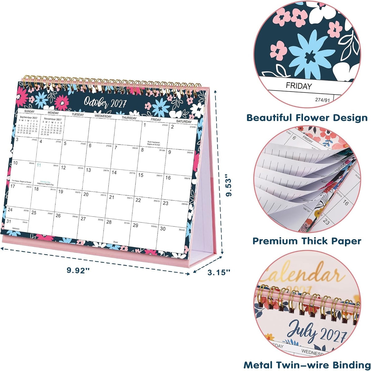2027 Desk Calendar - Jan. 2027 – Dec. 2027, Standing Flip Calendar 2027, 12 Months Desktop Calendar, 10" x 8.3", Thick Paper, Strong Binding, Stand Up Calendar, with Memo Pages ＆ Blank Blocks