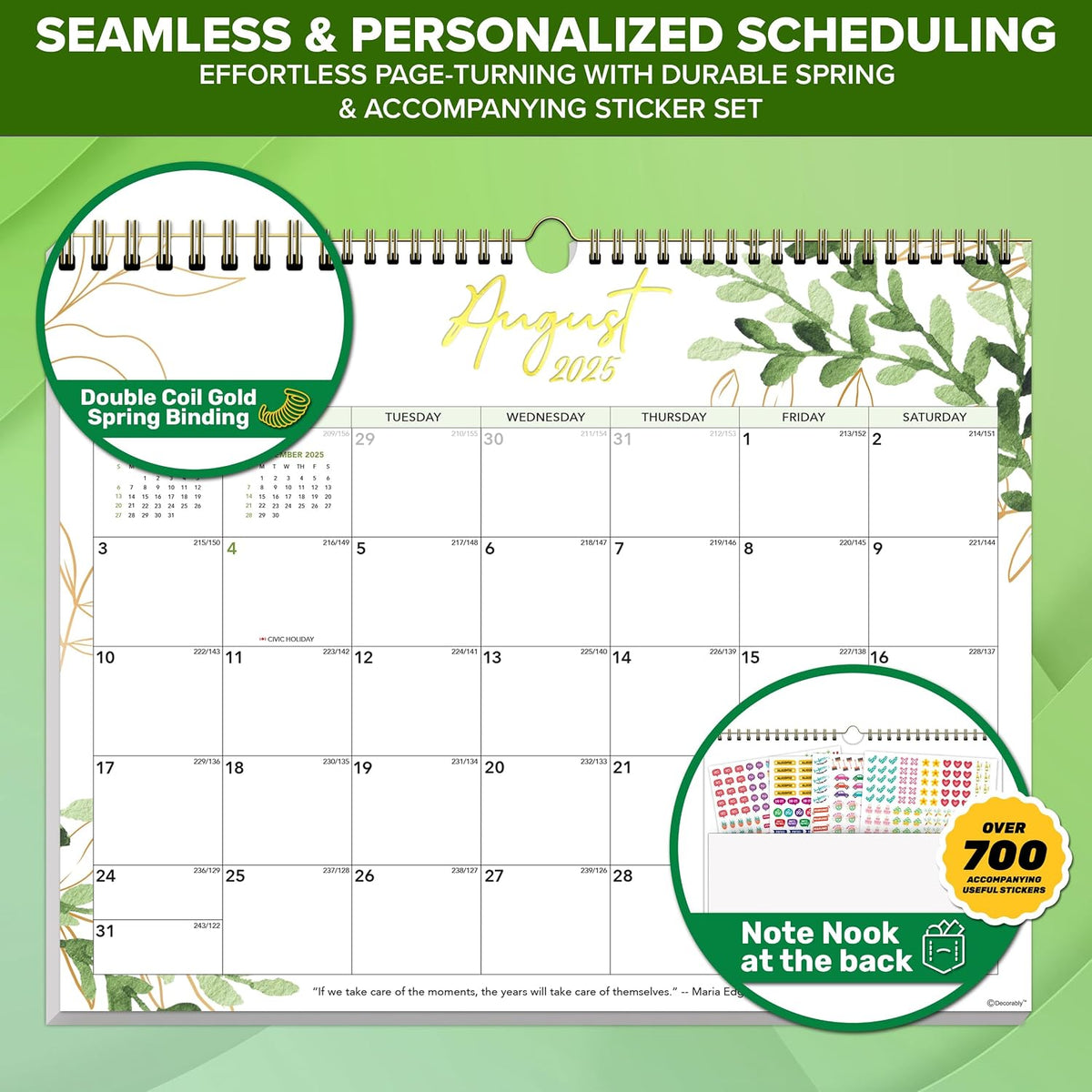 Decorably 18 Months Gold-Foiled Greenery Academic 18 Month 2025 Calendar Wall July 2025 to Dec 2026, 14.5x11.5in Spring-Bound Green Wall Calendar with Inspirational Quotes for Office and Home Planning