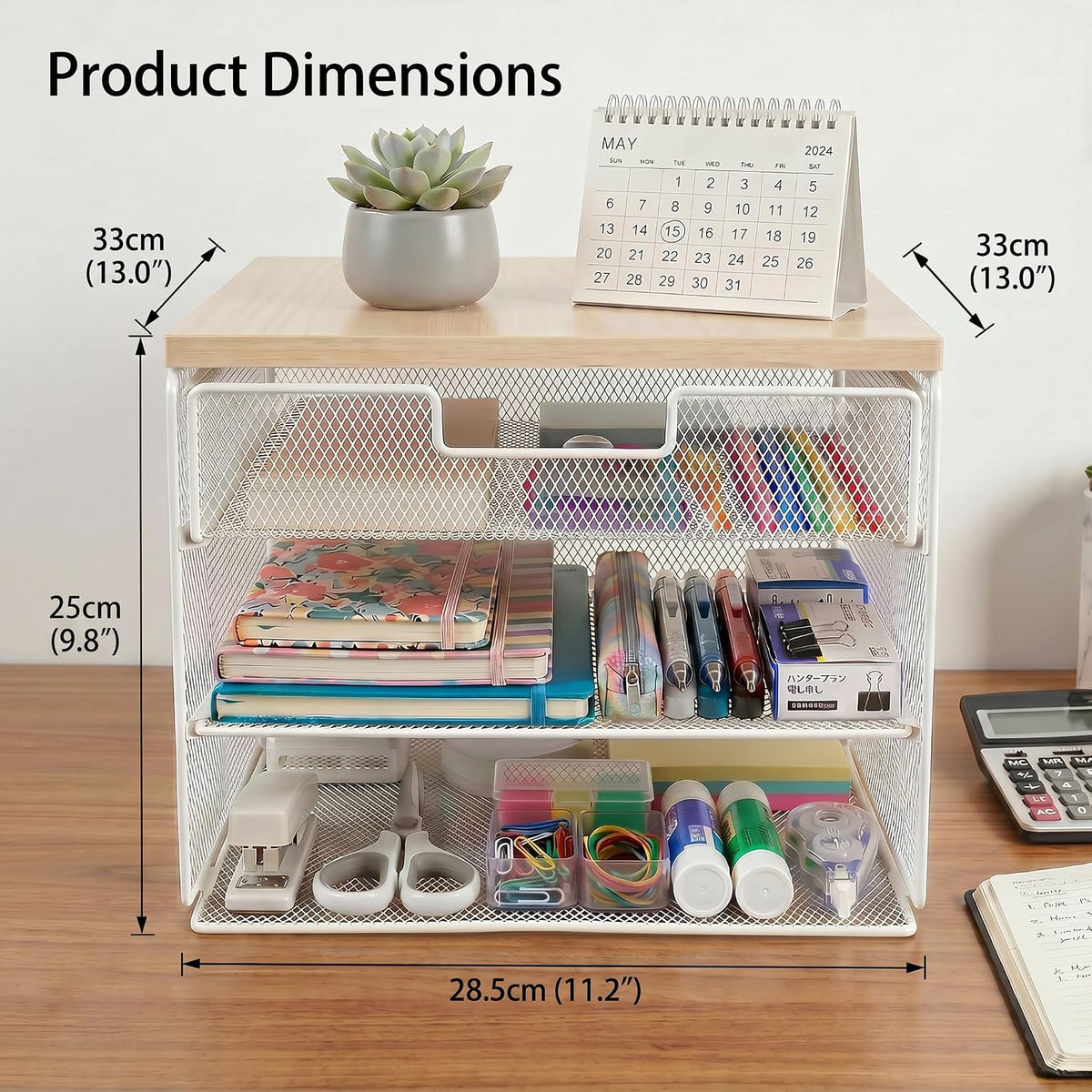 4-Tier Mesh Desk Organizer and Accessories with Drawer Wooden Top Desktop Organizers Letter Tray Paper Organizer File Holder for Home Office School White