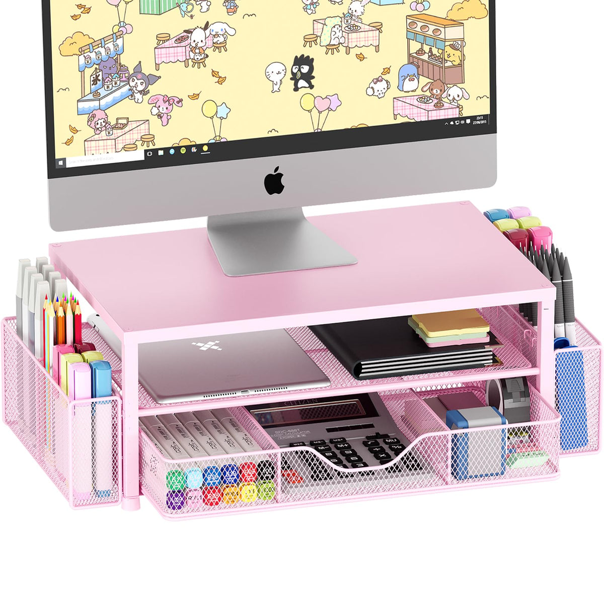 OPNICE Desk Organizer and Accessories, Computer Monitor Stand Riser with Drawer and 2 Pen Holders, Laptop Stand, Office Desk Accessories for Office Supplies, Black