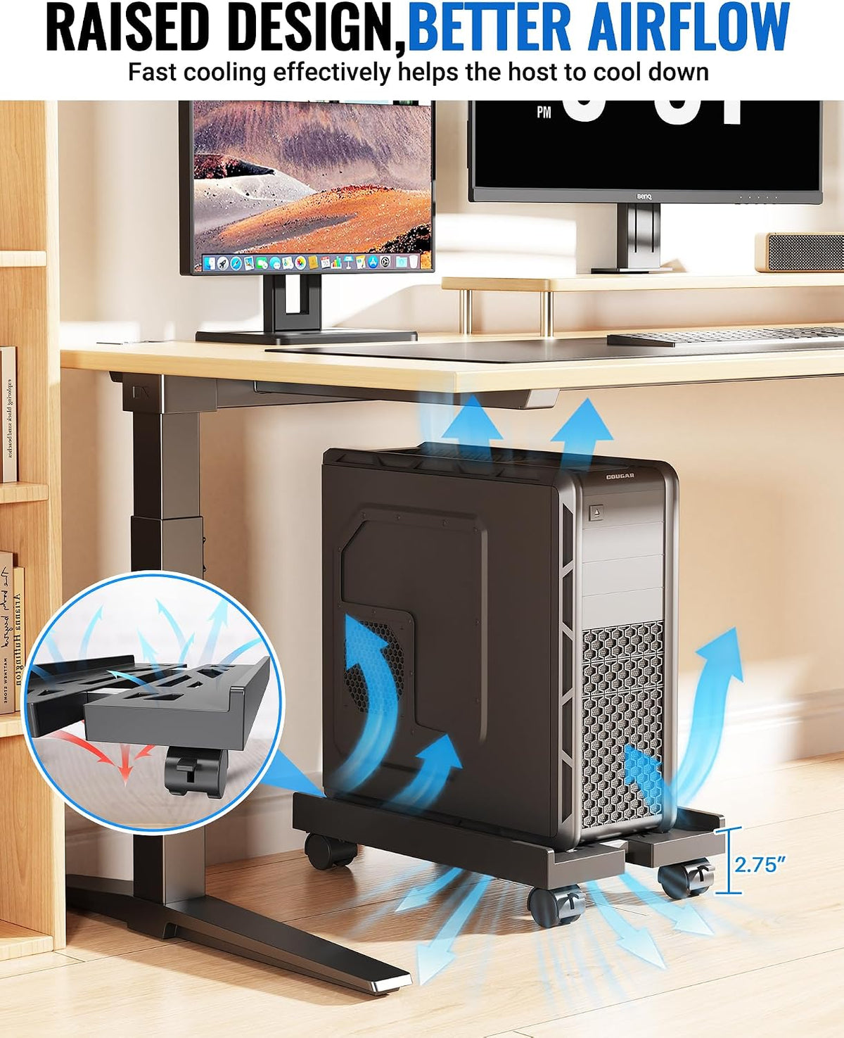 Adjustable Computer Tower Stand, Ventilated Mobile CPU Holder, Black