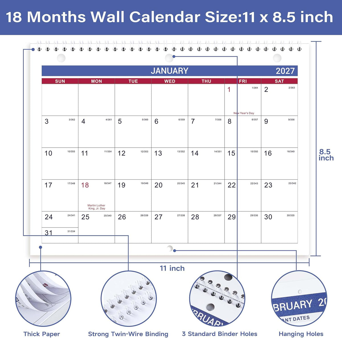 Calendar 2026-2027 - Wall Calendar 2026-2027, JUL. 2026 - DEC. 2027, 8.5" x 11", Memoranda Lined Pages with Thick Paper, Twin-Wire Binding, Holidays, Julian Dates