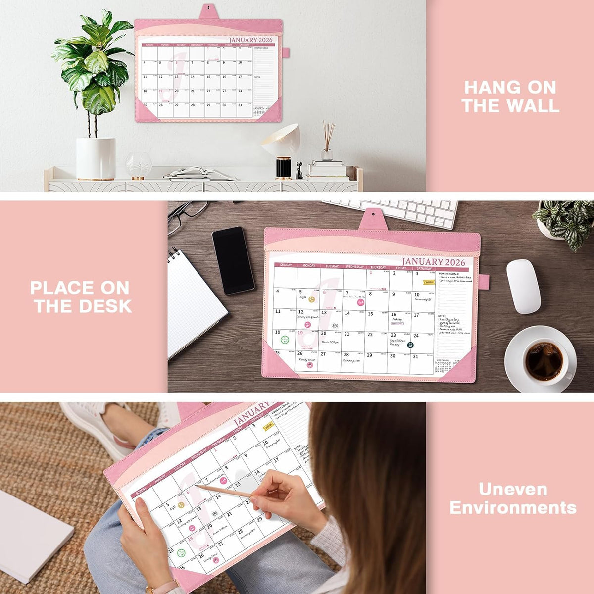 Ospelelf Desk Calendar 2026-2027 with Storage Pocket Protective Cover Large 12"x17" Leather Monthly Wall Planner Pad 18 Months January 2026 - June 2027 Pink