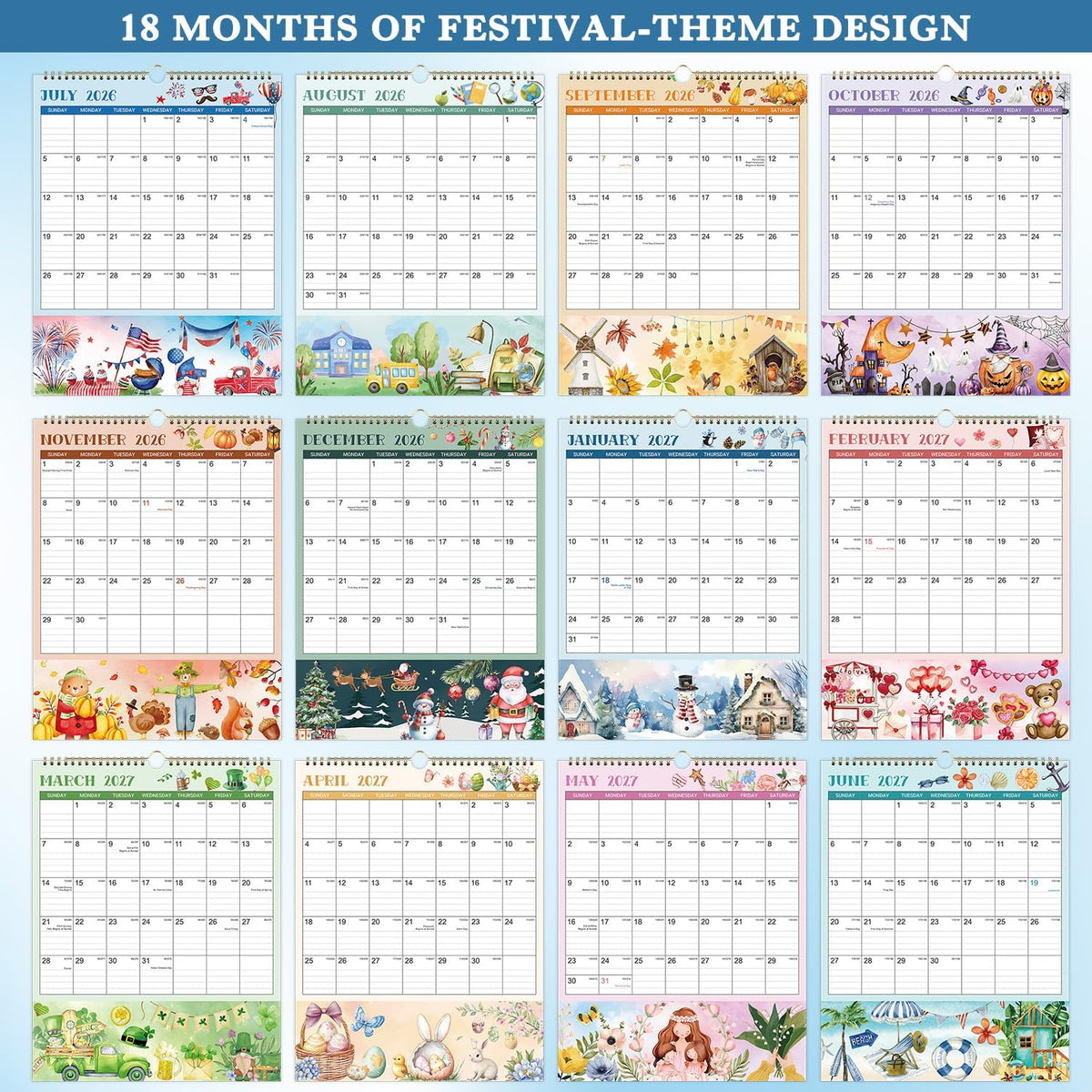 2027 Wall Calendar - 11.4" x 14.5", 18 Months from Jul. 2026 - Dec. 2027