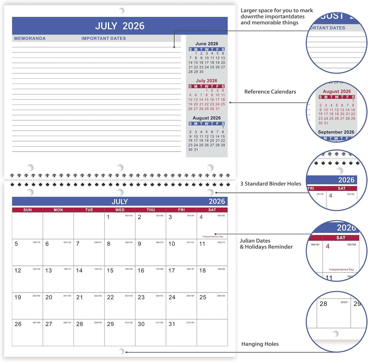 Calendar 2026-2027 - Wall Calendar 2026-2027, JUL. 2026 - DEC. 2027, 8.5" x 11", Memoranda Lined Pages with Thick Paper, Twin-Wire Binding, Holidays, Julian Dates