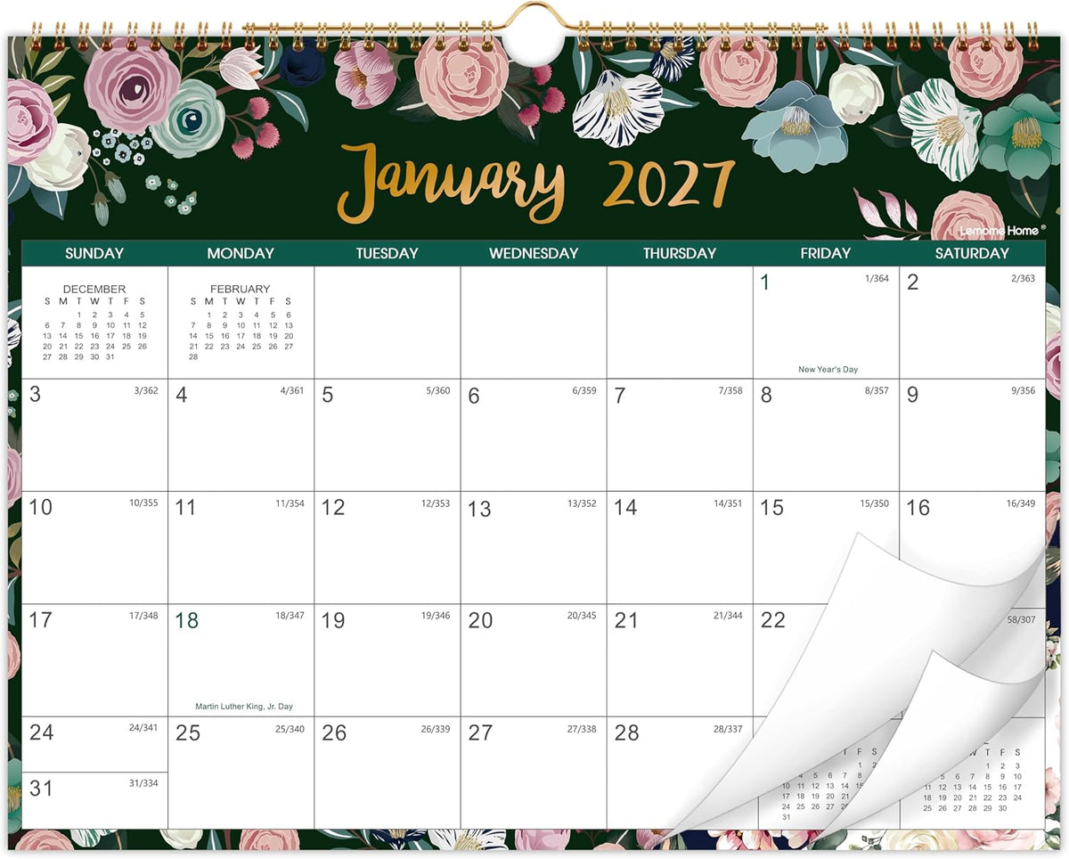 2027 Calendar - 2027 Wall Calendar, Jan. 2027 - Dec. 2027, 12-Month Calendar, 15" x 11.5", Twin-Wire Binding + Hanging Hook + Thick Paper + Unruled Blocks with Julian Dates - Floral