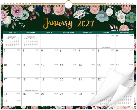2027 Calendar - 2027 Wall Calendar, Jan. 2027 - Dec. 2027, 12-Month Calendar, 15" x 11.5", Twin-Wire Binding + Hanging Hook + Thick Paper + Unruled Blocks with Julian Dates - Floral