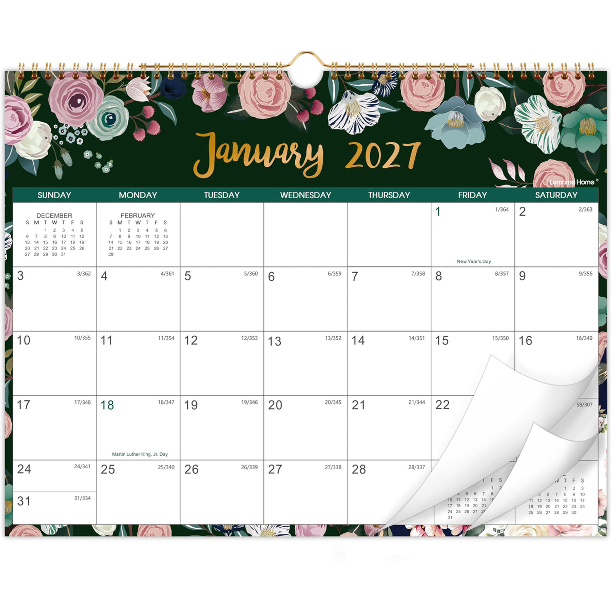 2027 Calendar - 2027 Wall Calendar, Jan. 2027 - Dec. 2027, 12-Month Calendar, 15" x 11.5", Twin-Wire Binding + Hanging Hook + Thick Paper + Unruled Blocks with Julian Dates - Floral