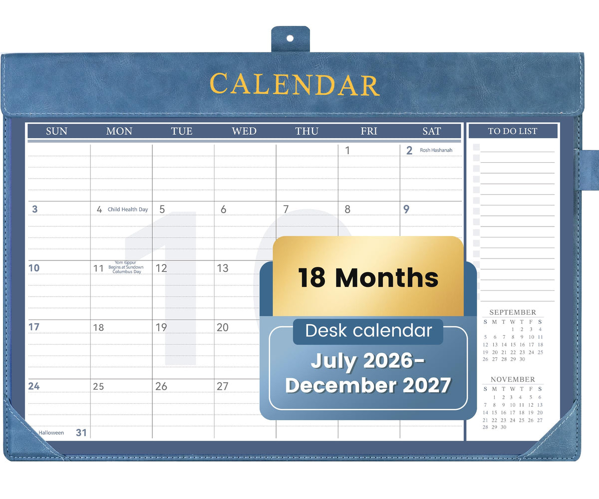 Yoment Desk Calendar 2026 Leather Desk Calendar with to-Do Lists, 13 Months Desk Pad Wall Calendar with Pen Holders PVC Cover for Work Office School Home Women Men, Jan2026-Dec 2026, 17 x 12, Blue