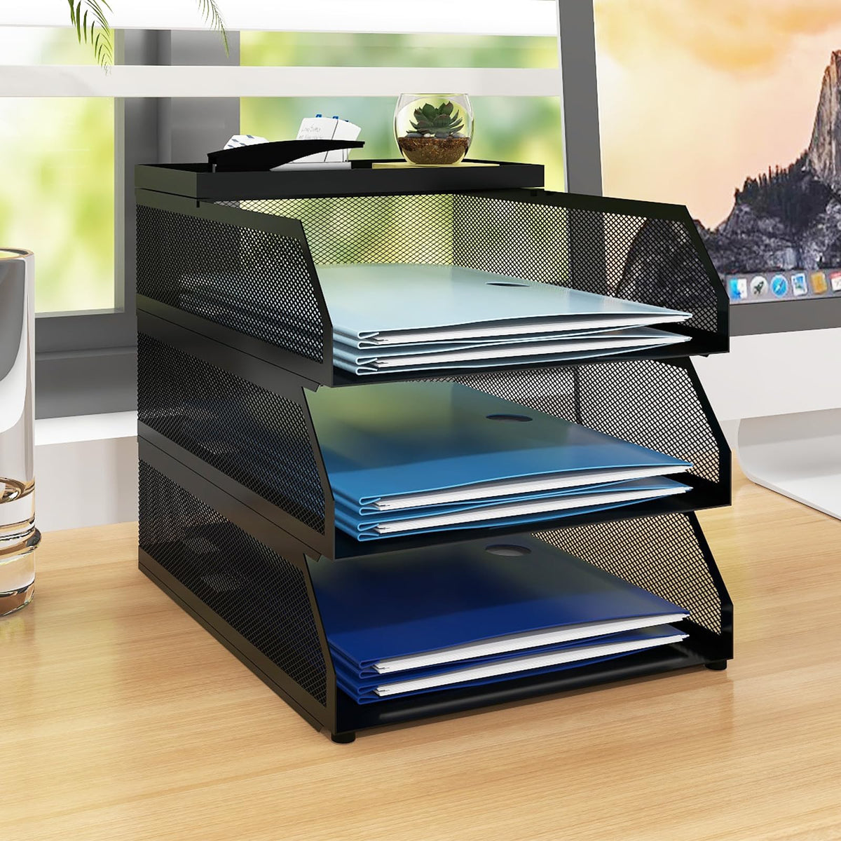 Natwind 4-Tier Stackable Metal Mesh Desk Paper Tray Organizer,Black