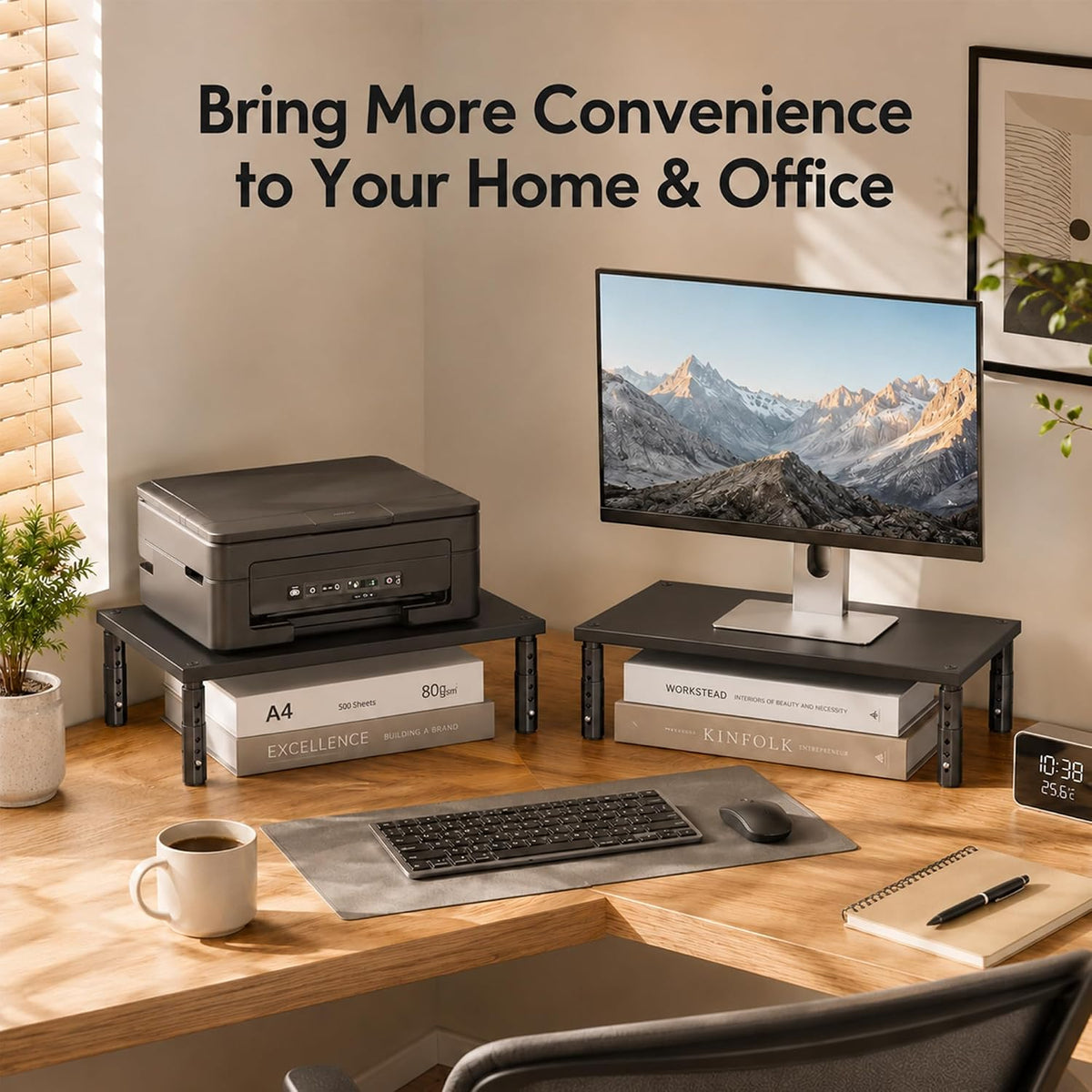 OPNICE Adjustable Monitor Stand Riser for Desk, Wood Computer & Laptop Stand, Desk Organizers and Accessories, Office Desk Accessories & Workspace Organizer for Home Office Supplies, Black 2-Pack