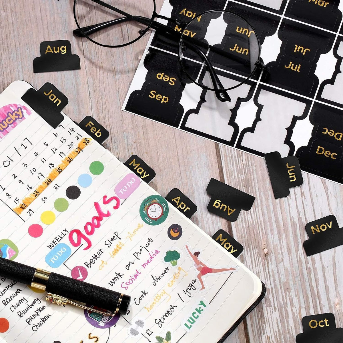 Outus 24 Pcs Monthly Adhesive Tabs for Planner, Black
