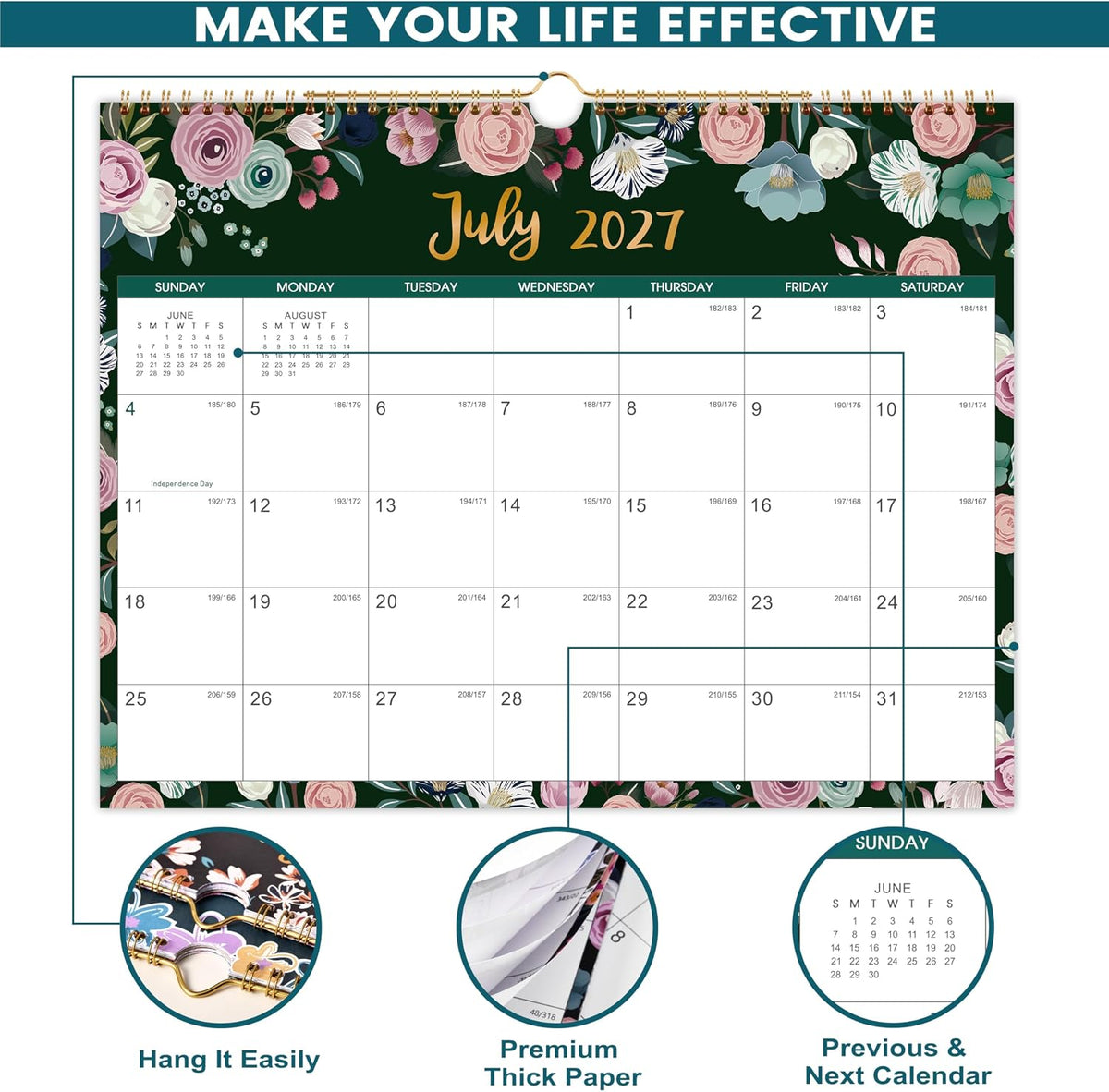 2027 Calendar - 2027 Wall Calendar, Jan. 2027 - Dec. 2027, 12-Month Calendar, 15" x 11.5", Twin-Wire Binding + Hanging Hook + Thick Paper + Unruled Blocks with Julian Dates - Floral