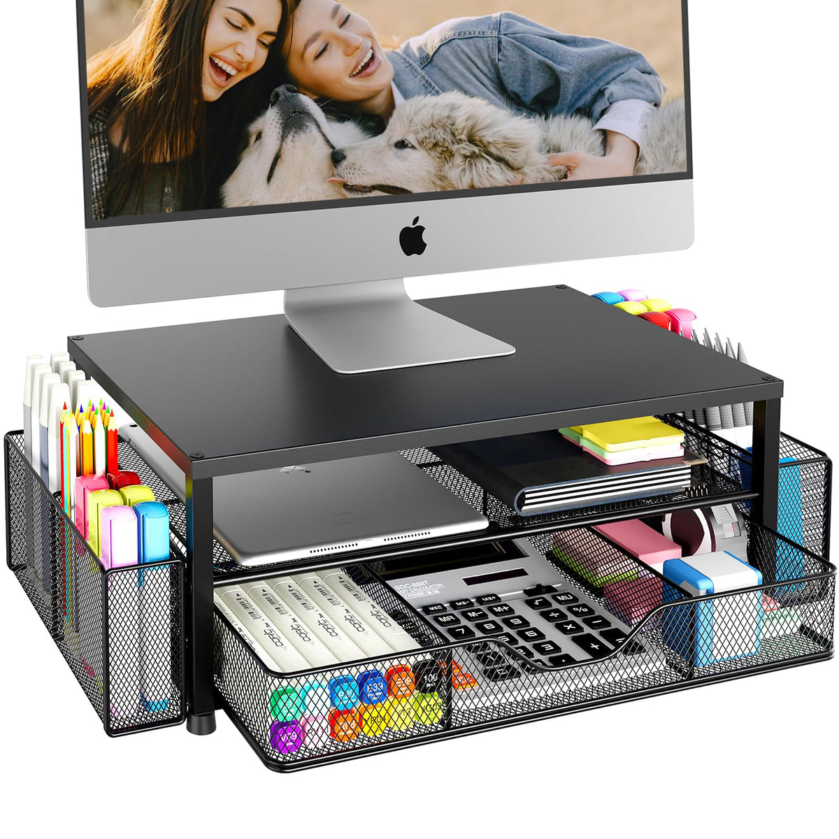 OPNICE Desk Organizer and Accessories, Computer Monitor Stand Riser with Drawer and 2 Pen Holders, Laptop Stand, Office Desk Accessories for Office Supplies, Black