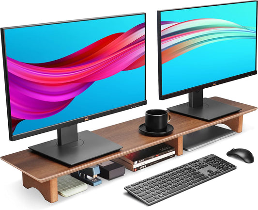 Aothia 43 inch Black Walnut Finish Dual Monitor Stand for Desk, Cork Legs